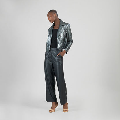 Vegan Sheen - Zip Cuff Moto Waist Jacket - Gunmetal - Final Sale | Clara Sunwoo Great Value