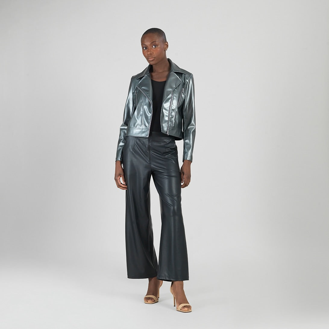 Vegan Sheen - Zip Cuff Moto Waist Jacket - Gunmetal - Final Sale | Clara Sunwoo Great Value