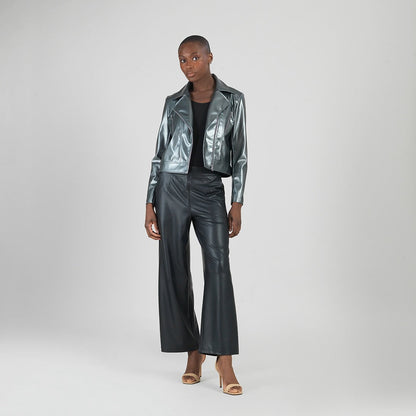 Vegan Sheen - Zip Cuff Moto Waist Jacket - Gunmetal - Final Sale | Clara Sunwoo Great Value