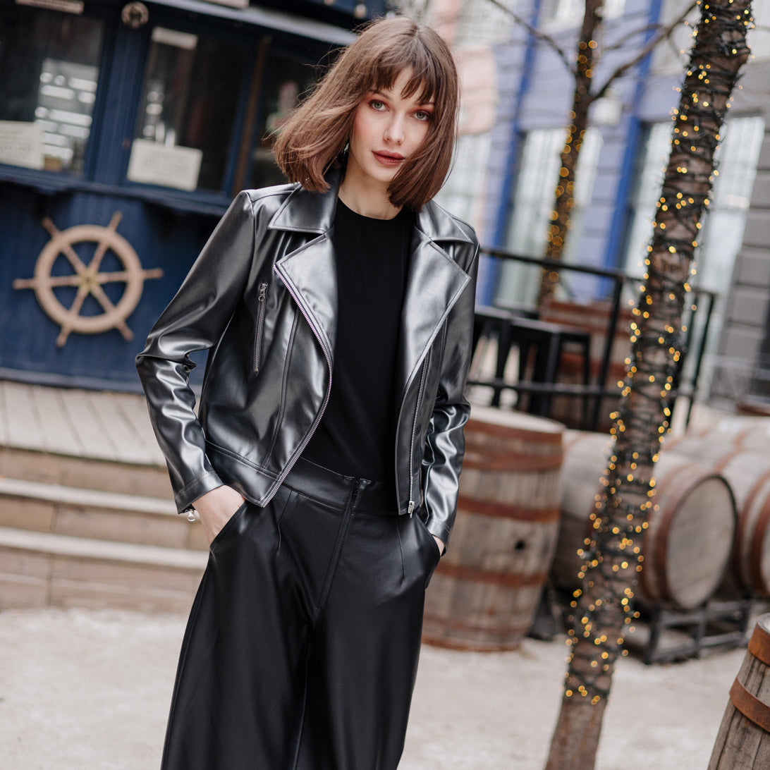 Vegan Sheen - Zip Cuff Moto Waist Jacket - Gunmetal - Final Sale | Clara Sunwoo Great Value