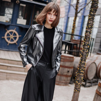 Vegan Sheen - Zip Cuff Moto Waist Jacket - Gunmetal - Final Sale | Clara Sunwoo Great Value
