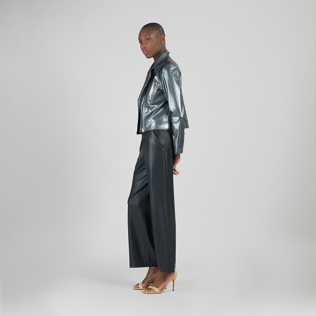 Vegan Sheen - Zip Cuff Moto Waist Jacket - Gunmetal - Final Sale | Clara Sunwoo Great Value