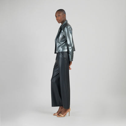 Vegan Sheen - Zip Cuff Moto Waist Jacket - Gunmetal - Final Sale | Clara Sunwoo Great Value