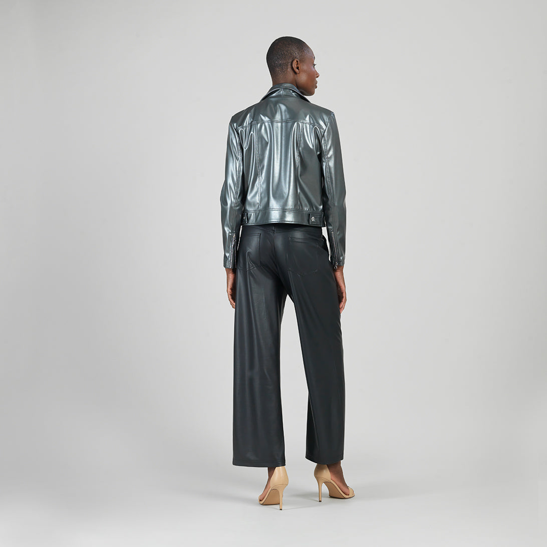 Vegan Sheen - Zip Cuff Moto Waist Jacket - Gunmetal - Final Sale | Clara Sunwoo Great Value