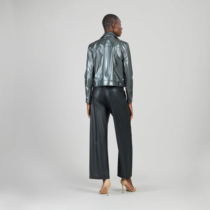 Vegan Sheen - Zip Cuff Moto Waist Jacket - Gunmetal - Final Sale | Clara Sunwoo Great Value