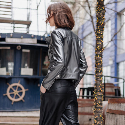 Vegan Sheen - Zip Cuff Moto Waist Jacket - Gunmetal - Final Sale | Clara Sunwoo Great Value