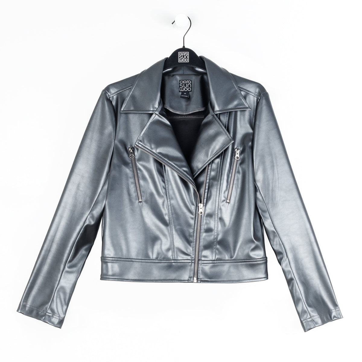 Vegan Sheen - Zip Cuff Moto Waist Jacket - Gunmetal - Final Sale | Clara Sunwoo Great Value