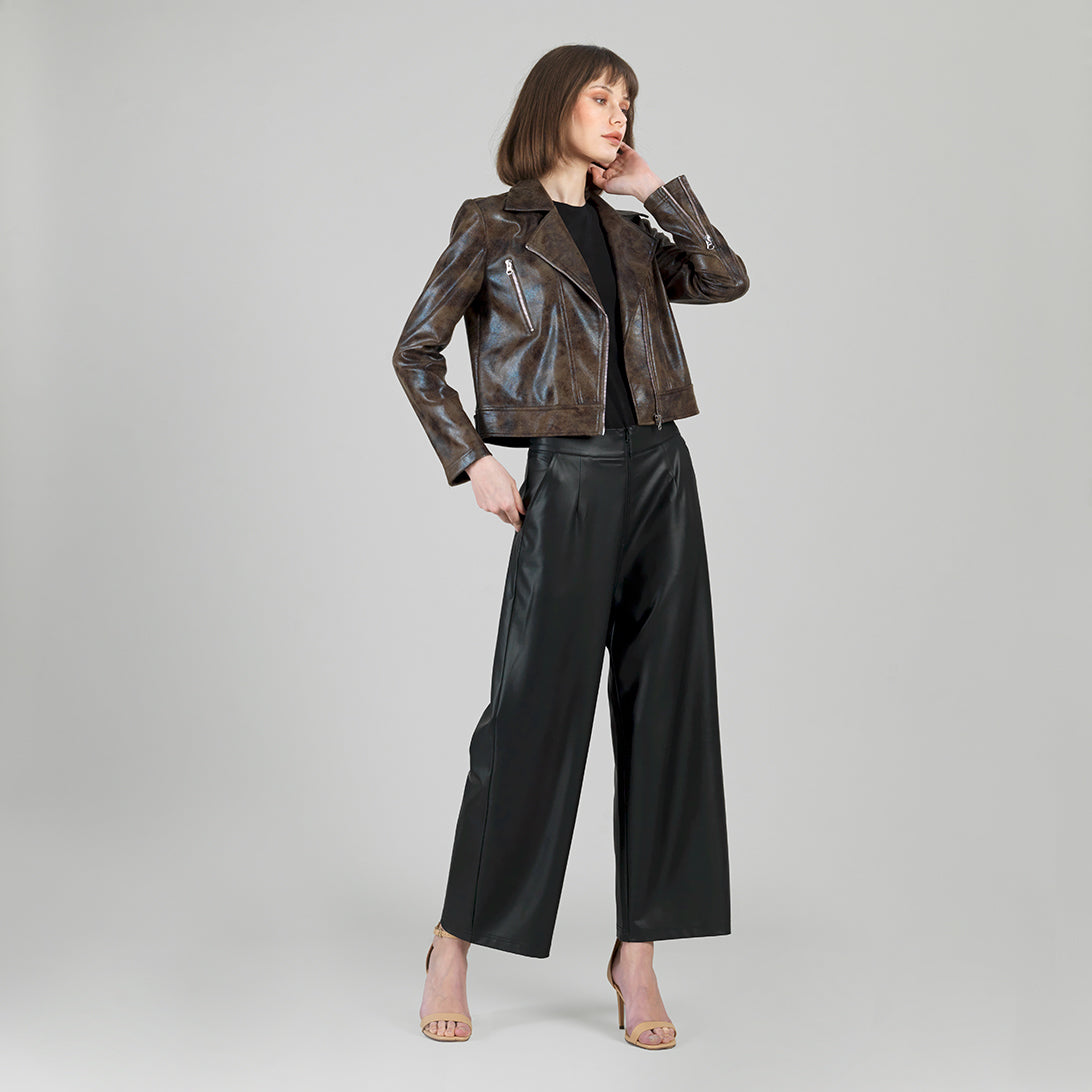 Vegan Leather - Distressed Zip Cuff Moto Waist Jacket - Brown - Final Sale | Clara Sunwoo Sale