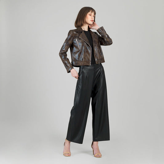 Vegan Leather - Distressed Zip Cuff Moto Waist Jacket - Brown - Final Sale | Clara Sunwoo Sale