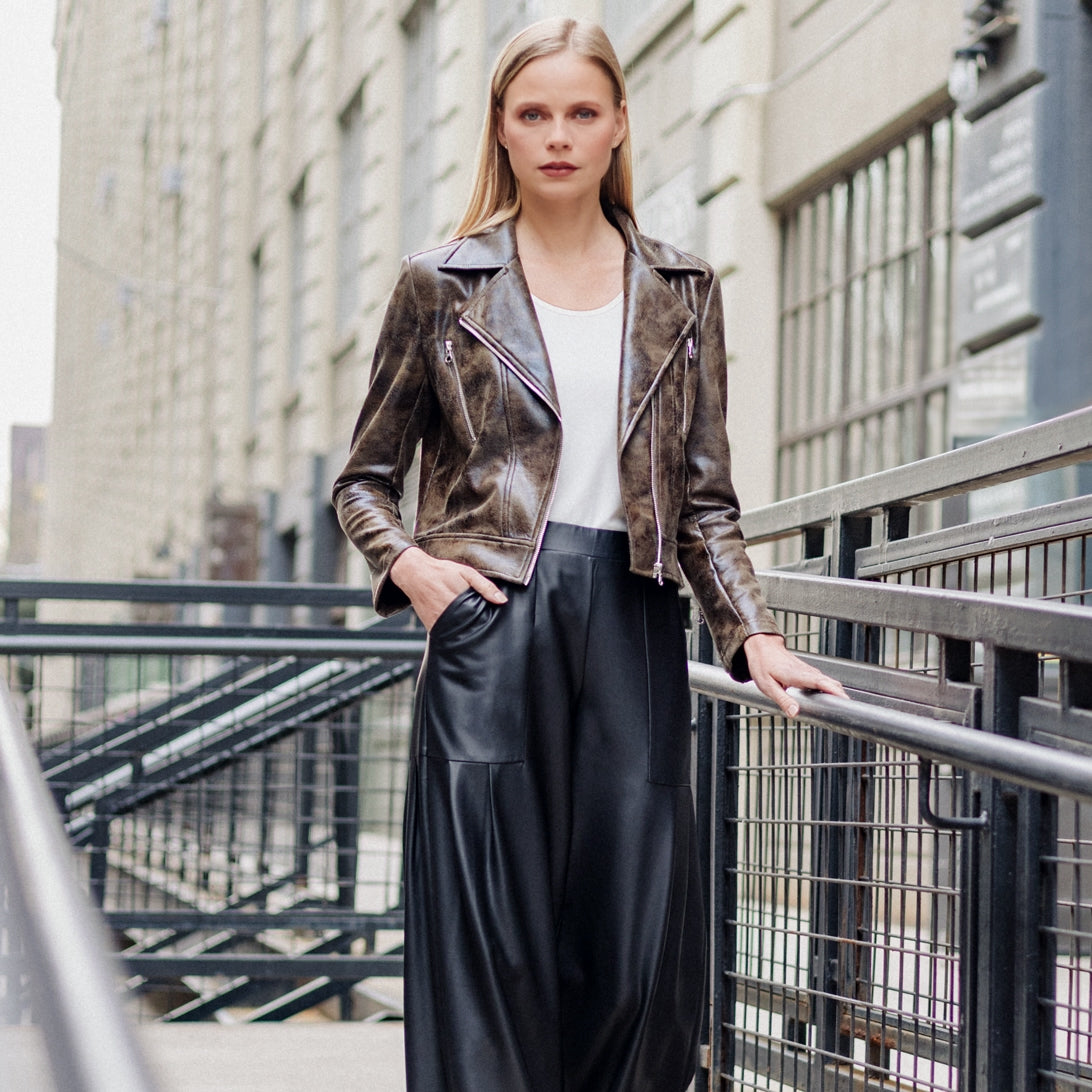 Vegan Leather - Distressed Zip Cuff Moto Waist Jacket - Brown - Final Sale | Clara Sunwoo Sale