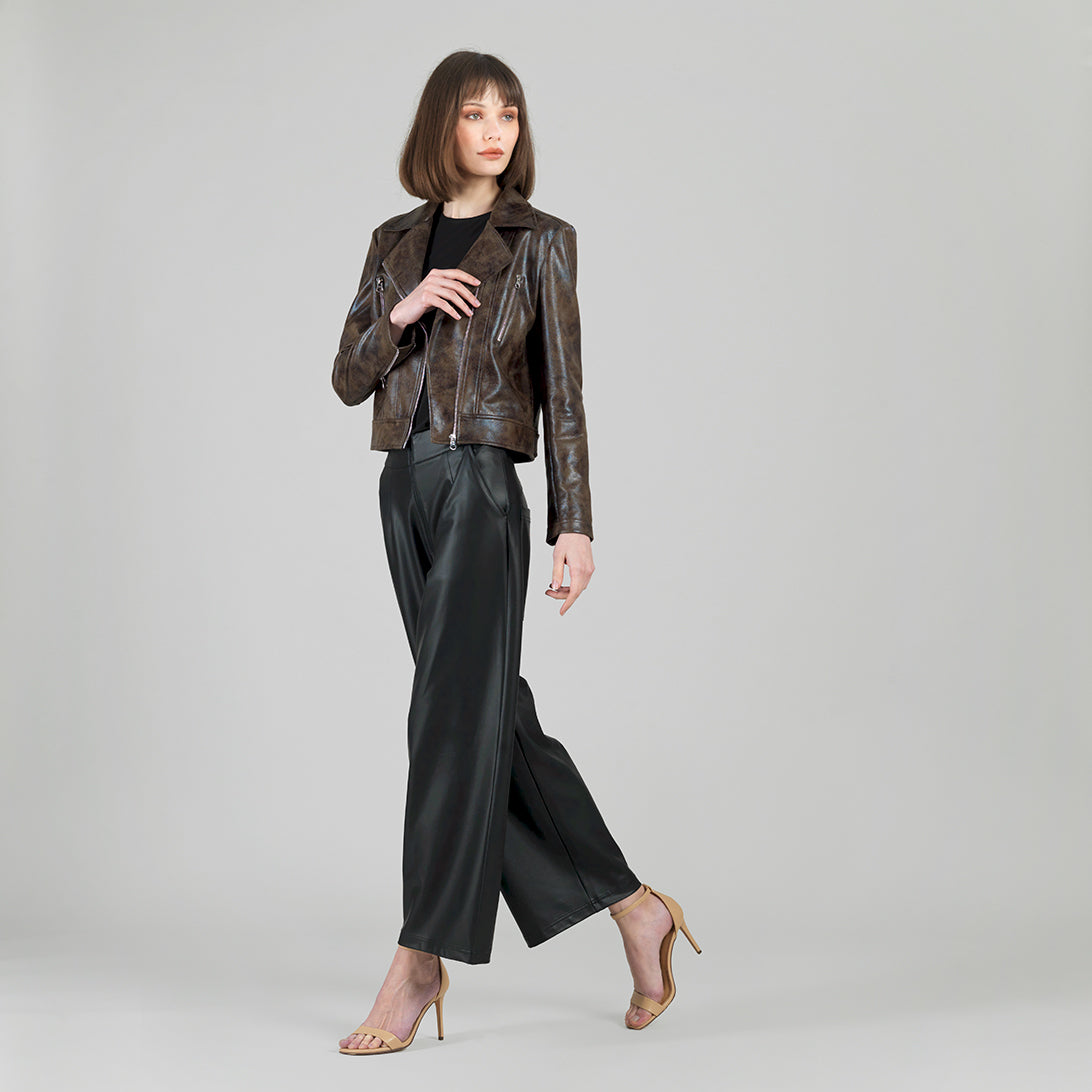 Vegan Leather - Distressed Zip Cuff Moto Waist Jacket - Brown - Final Sale | Clara Sunwoo Sale