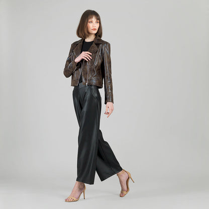 Vegan Leather - Distressed Zip Cuff Moto Waist Jacket - Brown - Final Sale | Clara Sunwoo Sale