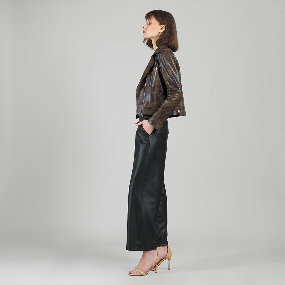 Vegan Leather - Distressed Zip Cuff Moto Waist Jacket - Brown - Final Sale | Clara Sunwoo Sale