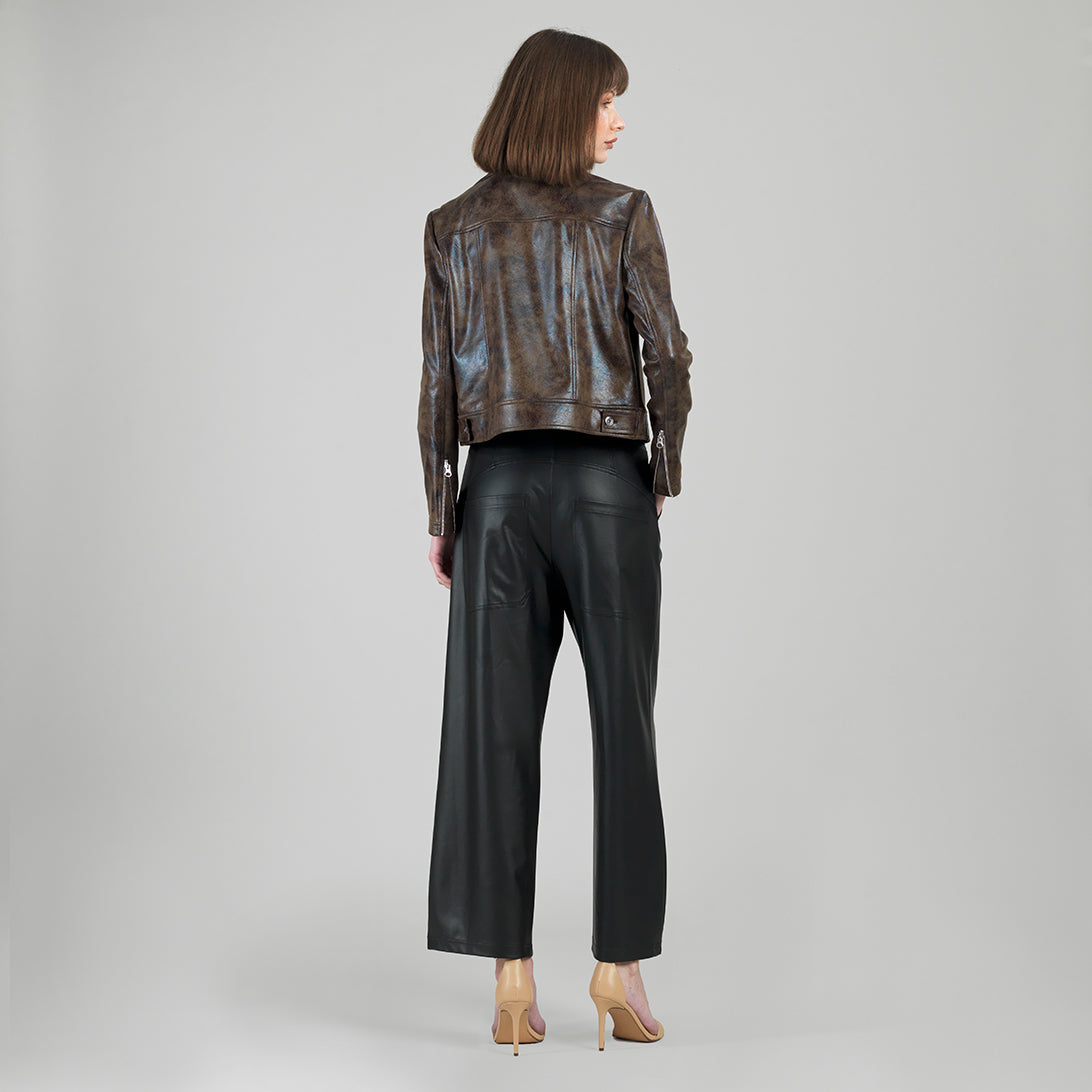 Vegan Leather - Distressed Zip Cuff Moto Waist Jacket - Brown - Final Sale | Clara Sunwoo Sale