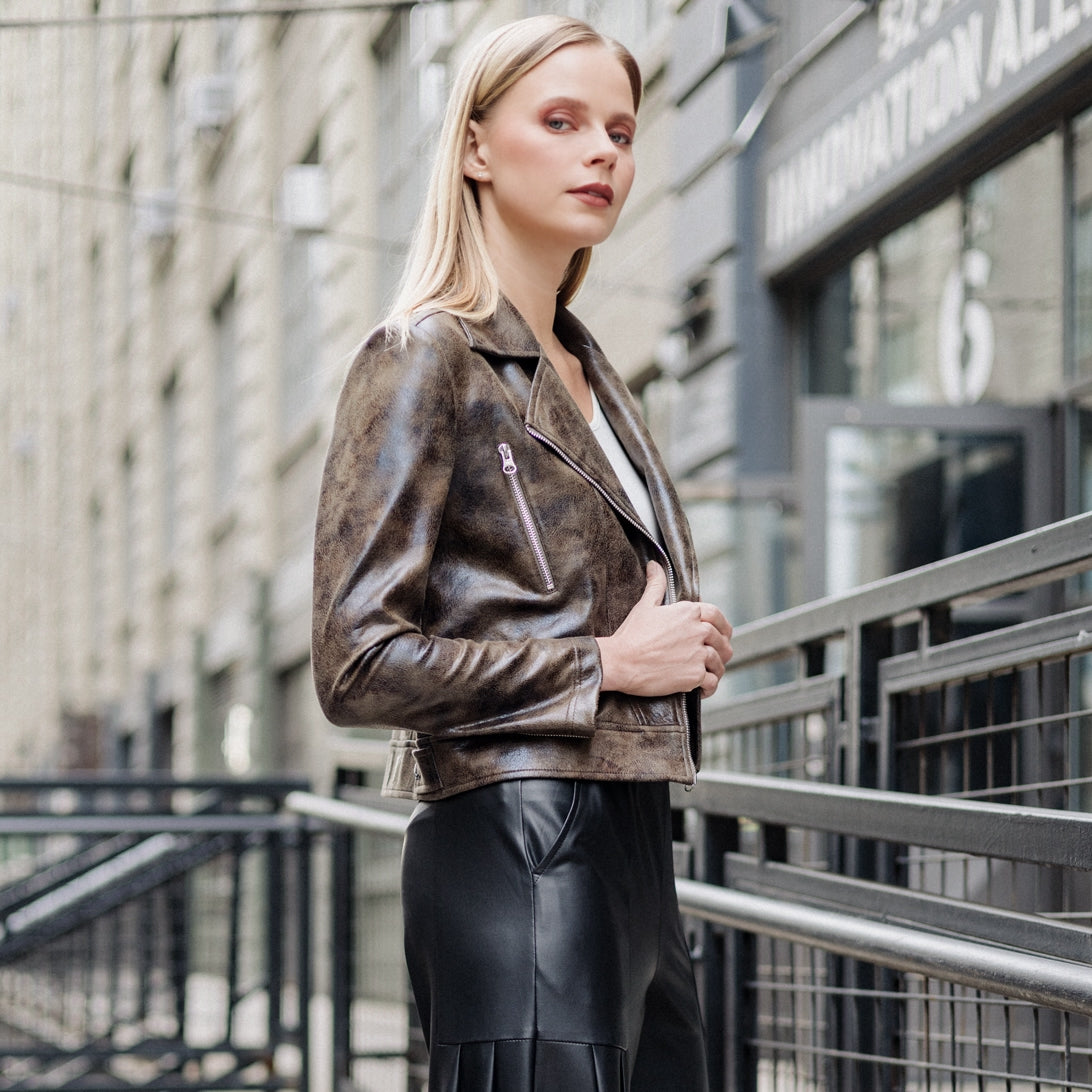 Vegan Leather - Distressed Zip Cuff Moto Waist Jacket - Brown - Final Sale | Clara Sunwoo Sale