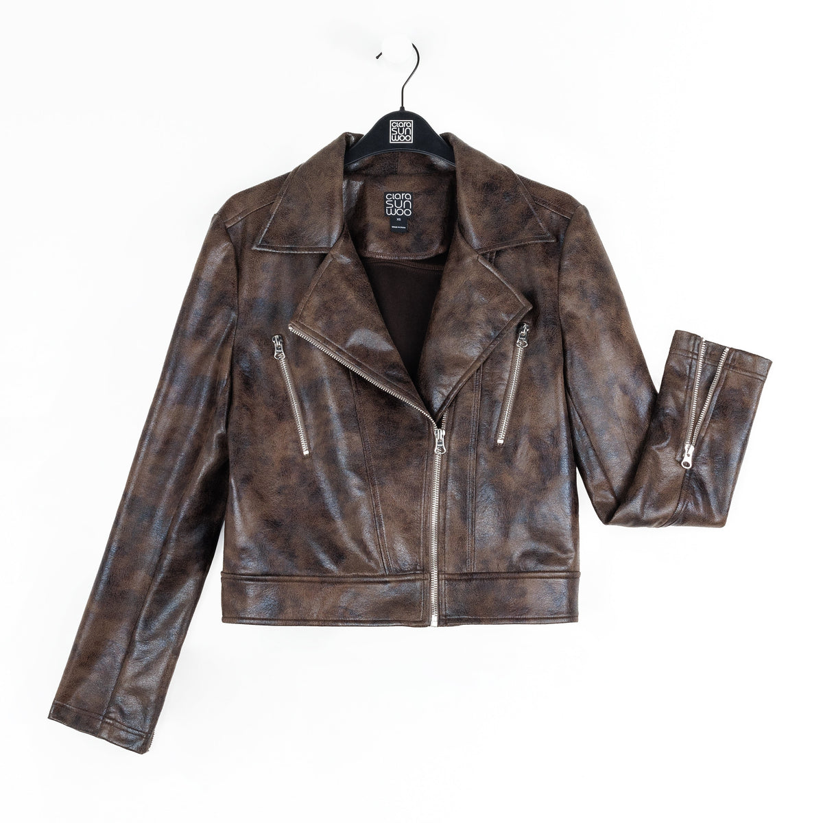 Vegan Leather - Distressed Zip Cuff Moto Waist Jacket - Brown - Final Sale | Clara Sunwoo Sale