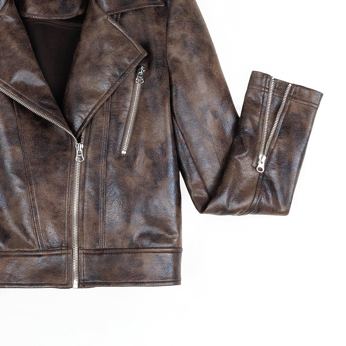 Vegan Leather - Distressed Zip Cuff Moto Waist Jacket - Brown - Final Sale | Clara Sunwoo Sale