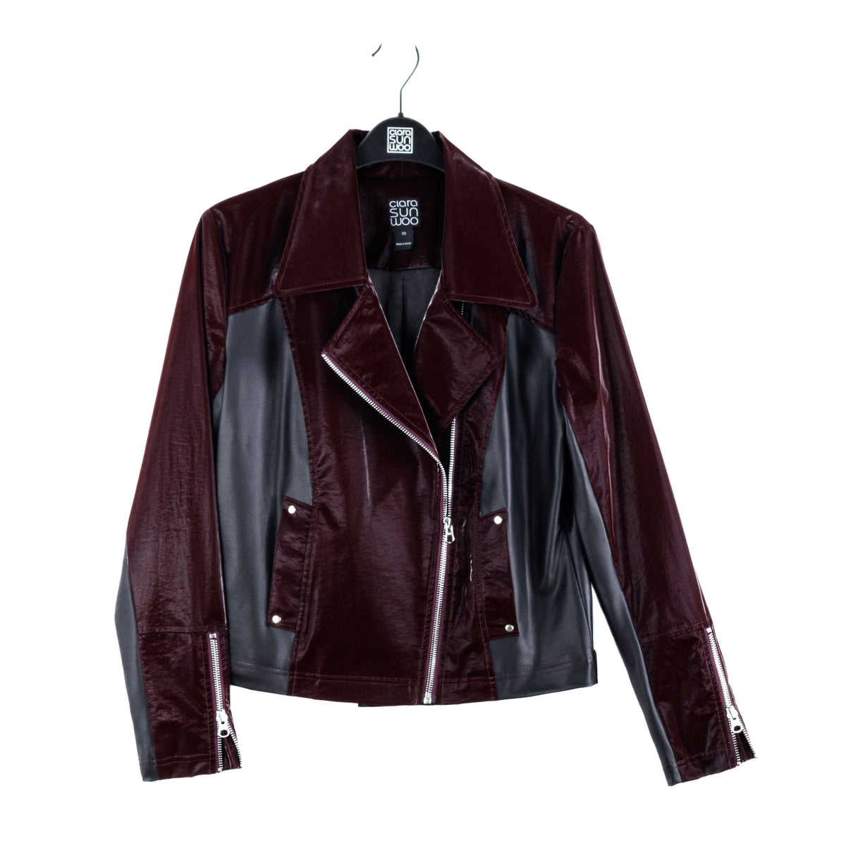 Vinyl + Liquid Leather™ Panel Zip Cuff Pocket Jacket - Mulberry - Final Sale | Clara Sunwoo Value