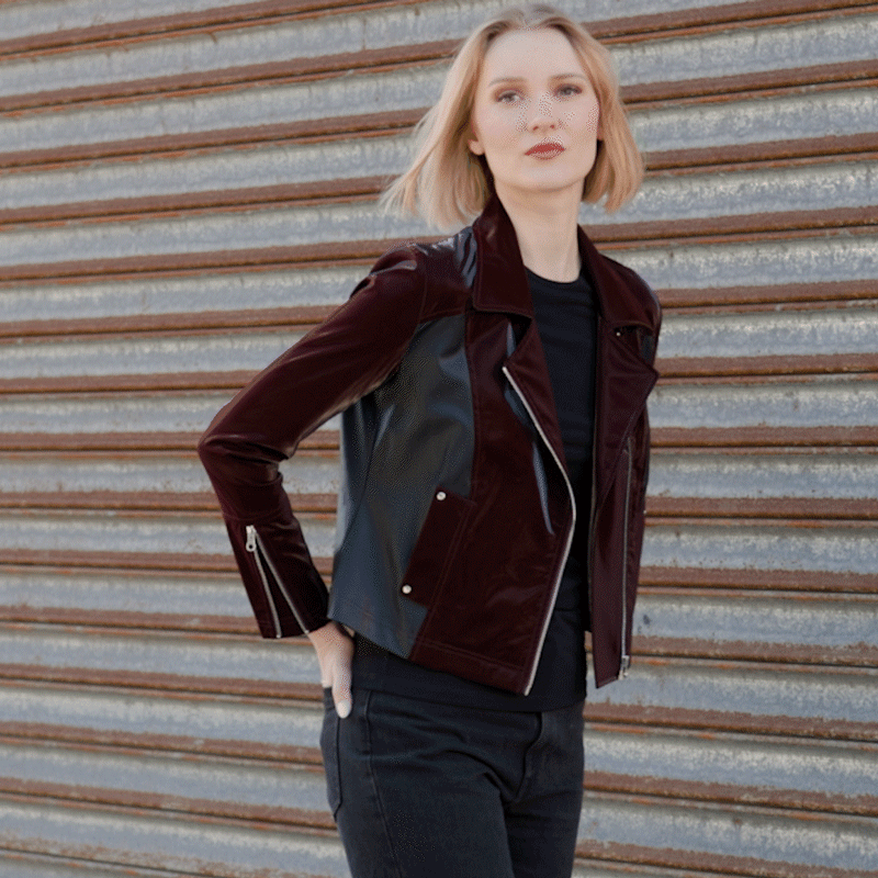 Vinyl + Liquid Leather™ Panel Zip Cuff Pocket Jacket - Mulberry - Final Sale | Clara Sunwoo Value