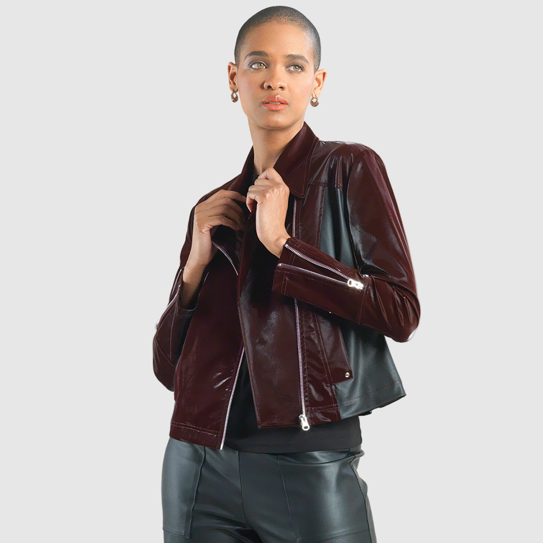 Vinyl + Liquid Leather™ Panel Zip Cuff Pocket Jacket - Mulberry - Final Sale | Clara Sunwoo Value