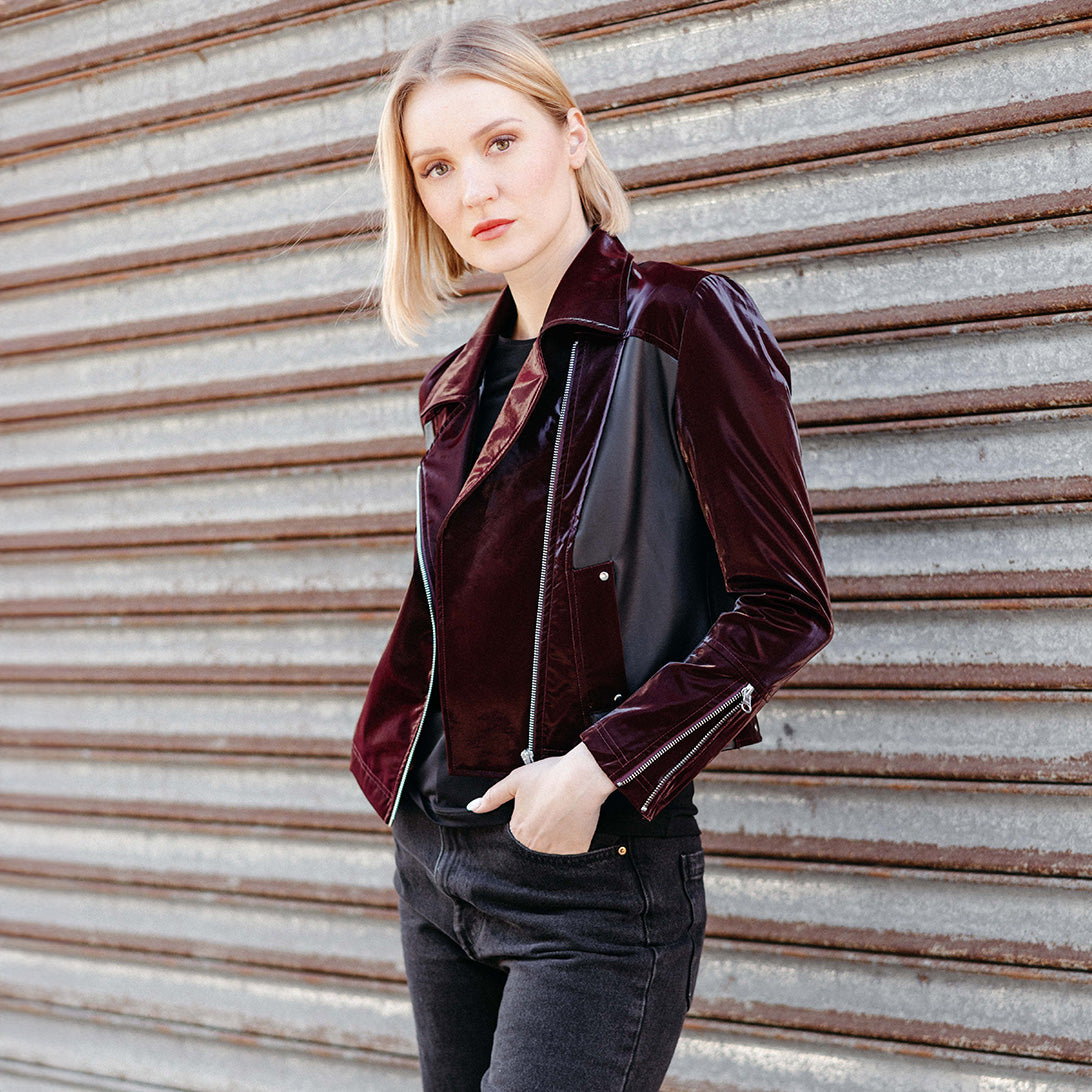 Vinyl + Liquid Leather™ Panel Zip Cuff Pocket Jacket - Mulberry - Final Sale | Clara Sunwoo Value