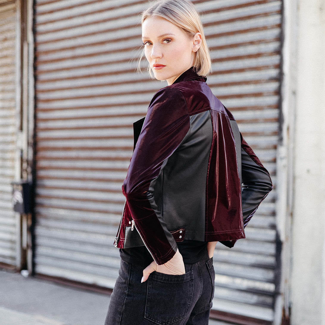 Vinyl + Liquid Leather™ Panel Zip Cuff Pocket Jacket - Mulberry - Final Sale | Clara Sunwoo Value