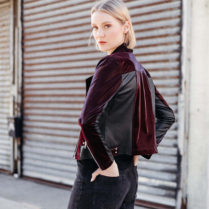 Vinyl + Liquid Leather™ Panel Zip Cuff Pocket Jacket - Mulberry - Final Sale | Clara Sunwoo Value