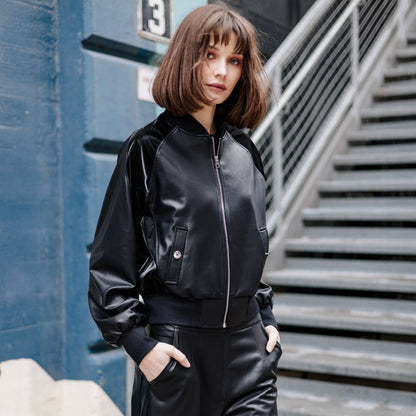Liquid Leather™ + Vinyl Panel Varsity Bomber Jacket - Black - Final Sale | Clara Sunwoo Discount