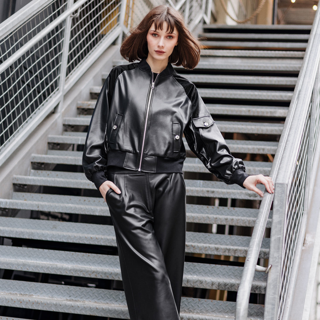 Liquid Leather™ + Vinyl Panel Varsity Bomber Jacket - Black - Final Sale | Clara Sunwoo Discount