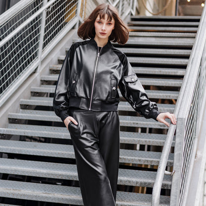 Liquid Leather™ + Vinyl Panel Varsity Bomber Jacket - Black - Final Sale | Clara Sunwoo Discount