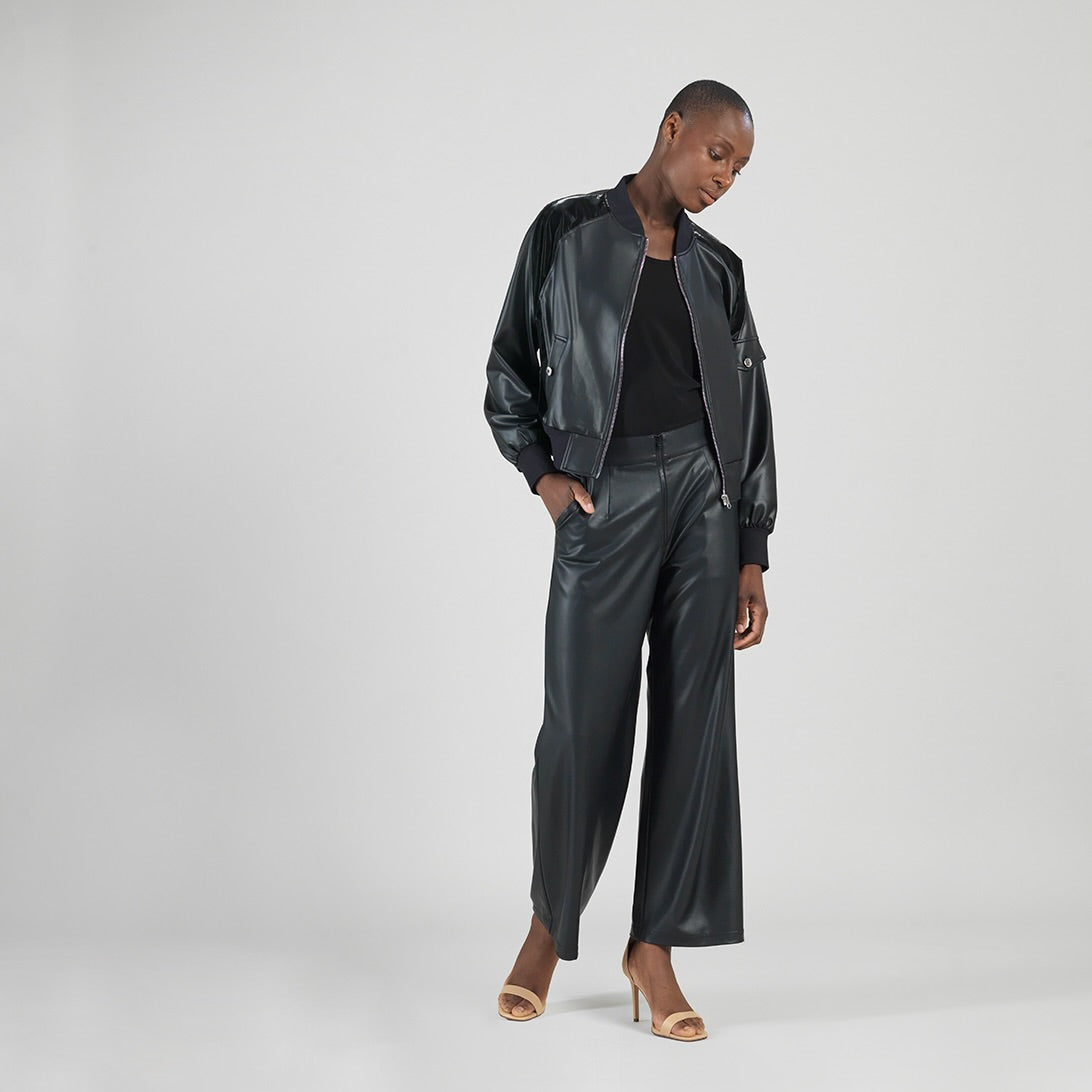 Liquid Leather™ + Vinyl Panel Varsity Bomber Jacket - Black - Final Sale | Clara Sunwoo Discount