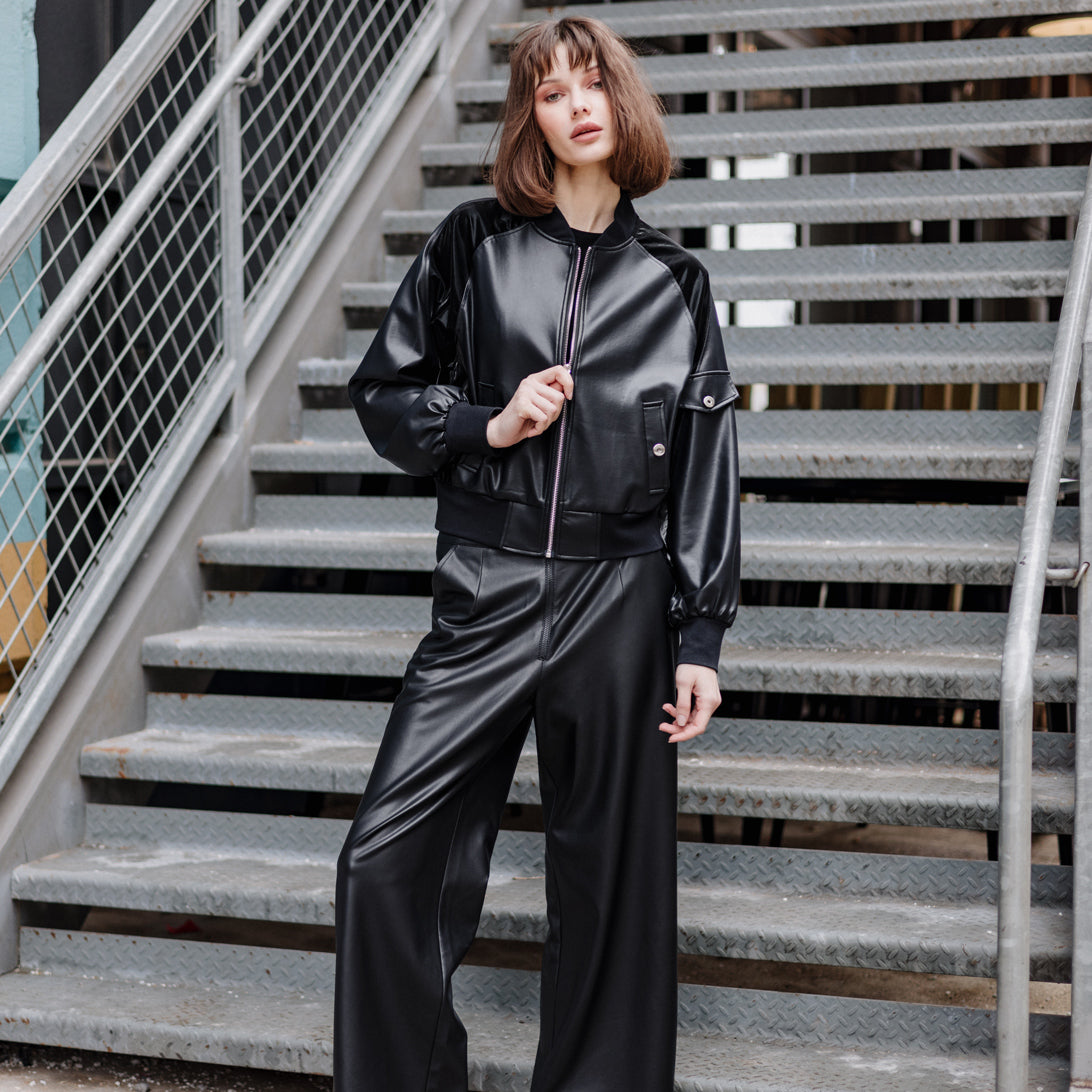 Liquid Leather™ + Vinyl Panel Varsity Bomber Jacket - Black - Final Sale | Clara Sunwoo Discount