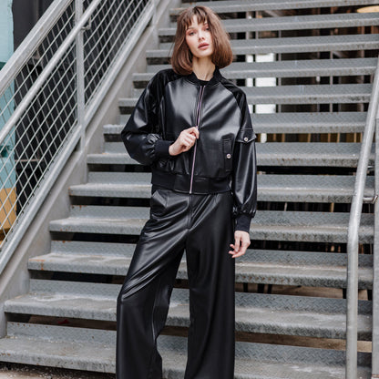 Liquid Leather™ + Vinyl Panel Varsity Bomber Jacket - Black - Final Sale | Clara Sunwoo Discount