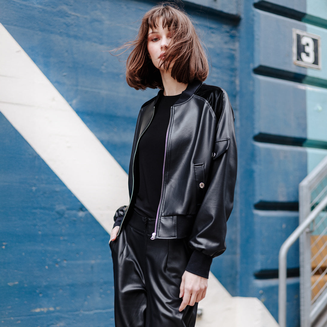 Liquid Leather™ + Vinyl Panel Varsity Bomber Jacket - Black - Final Sale | Clara Sunwoo Discount