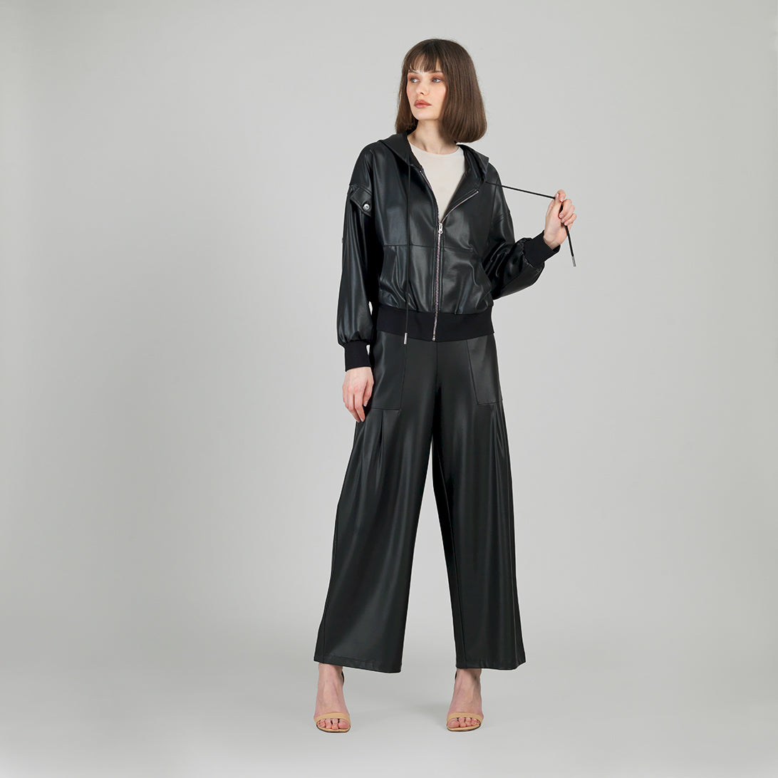 Liquid Leather™ Hooded Drawstring Track Jacket - Black | Clara Sunwoo Signature