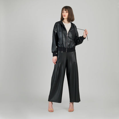 Liquid Leather™ Hooded Drawstring Track Jacket - Black | Clara Sunwoo Signature