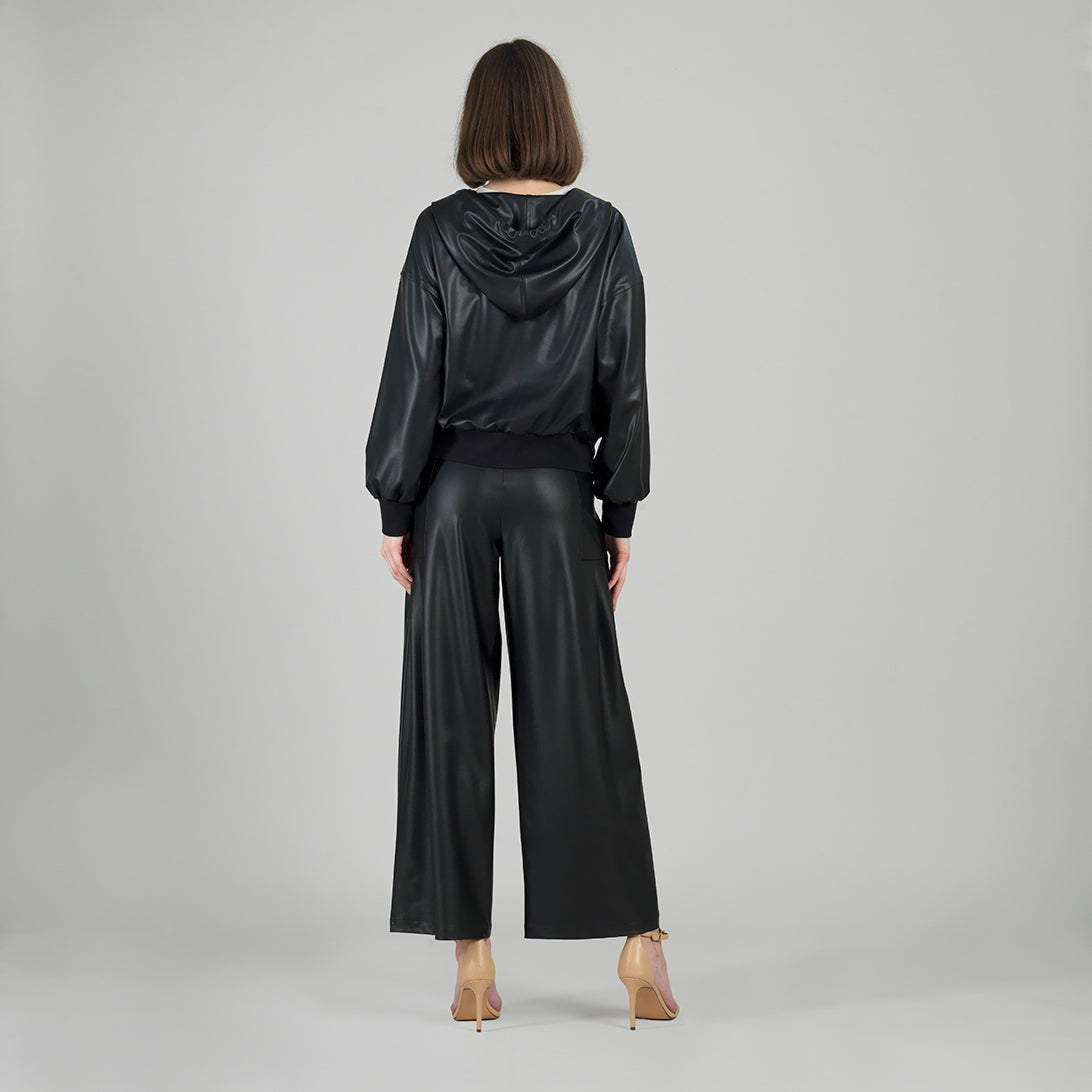 Liquid Leather™ Hooded Drawstring Track Jacket - Black | Clara Sunwoo Signature