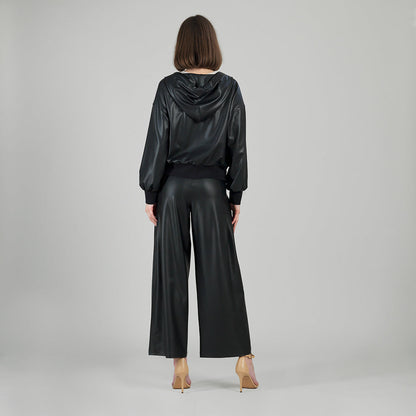 Liquid Leather™ Hooded Drawstring Track Jacket - Black | Clara Sunwoo Signature