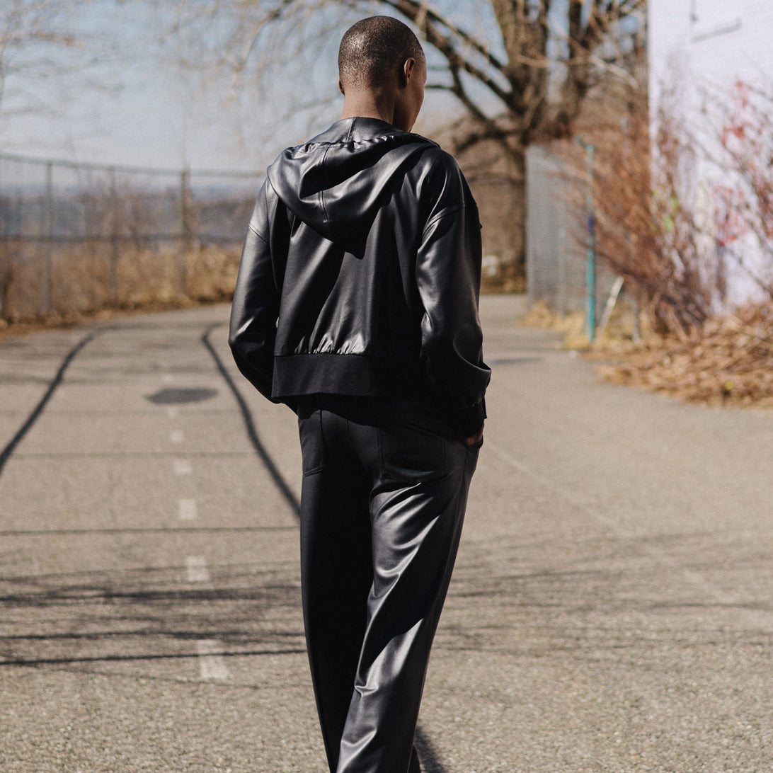 Liquid Leather™ Hooded Drawstring Track Jacket - Black | Clara Sunwoo Signature