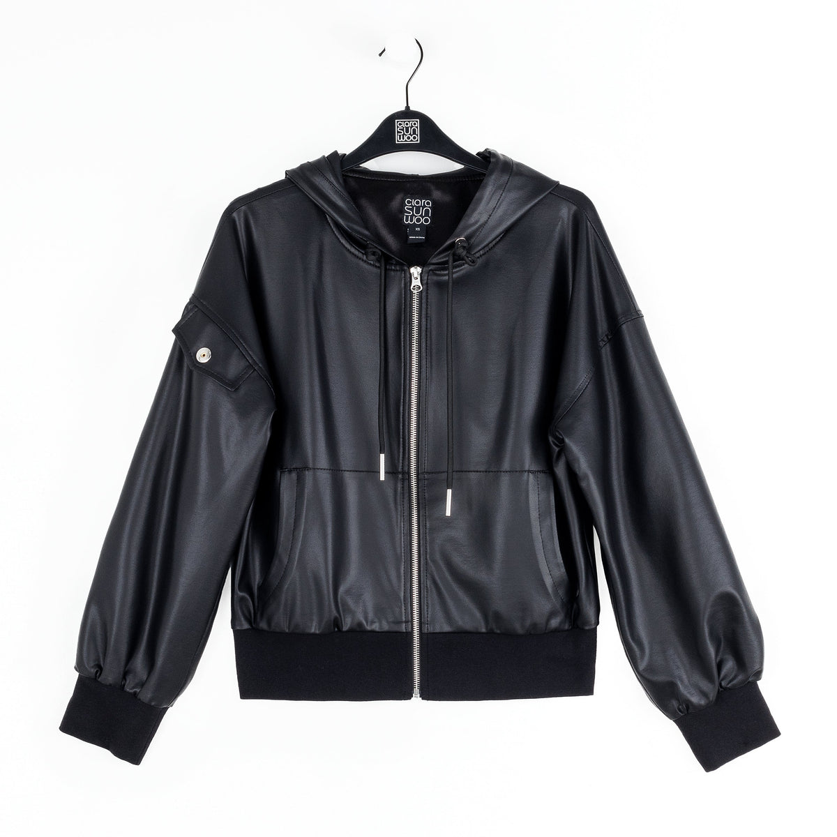 Liquid Leather™ Hooded Drawstring Track Jacket - Black | Clara Sunwoo Signature