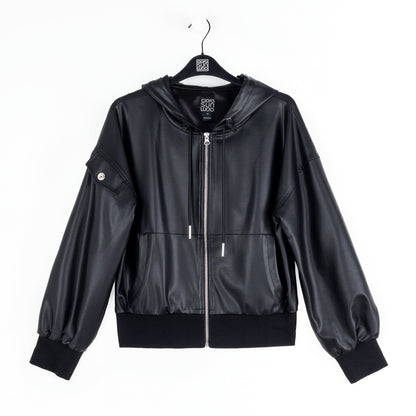 Liquid Leather™ Hooded Drawstring Track Jacket - Black | Clara Sunwoo Signature