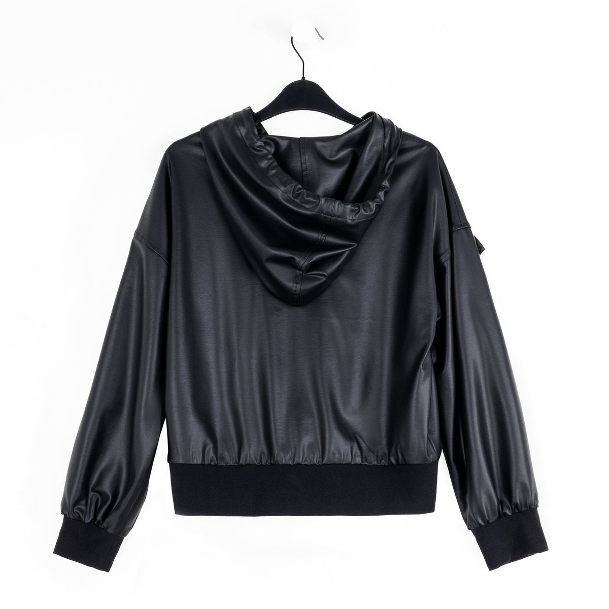 Liquid Leather™ Hooded Drawstring Track Jacket - Black | Clara Sunwoo Signature