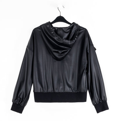 Liquid Leather™ Hooded Drawstring Track Jacket - Black | Clara Sunwoo Signature