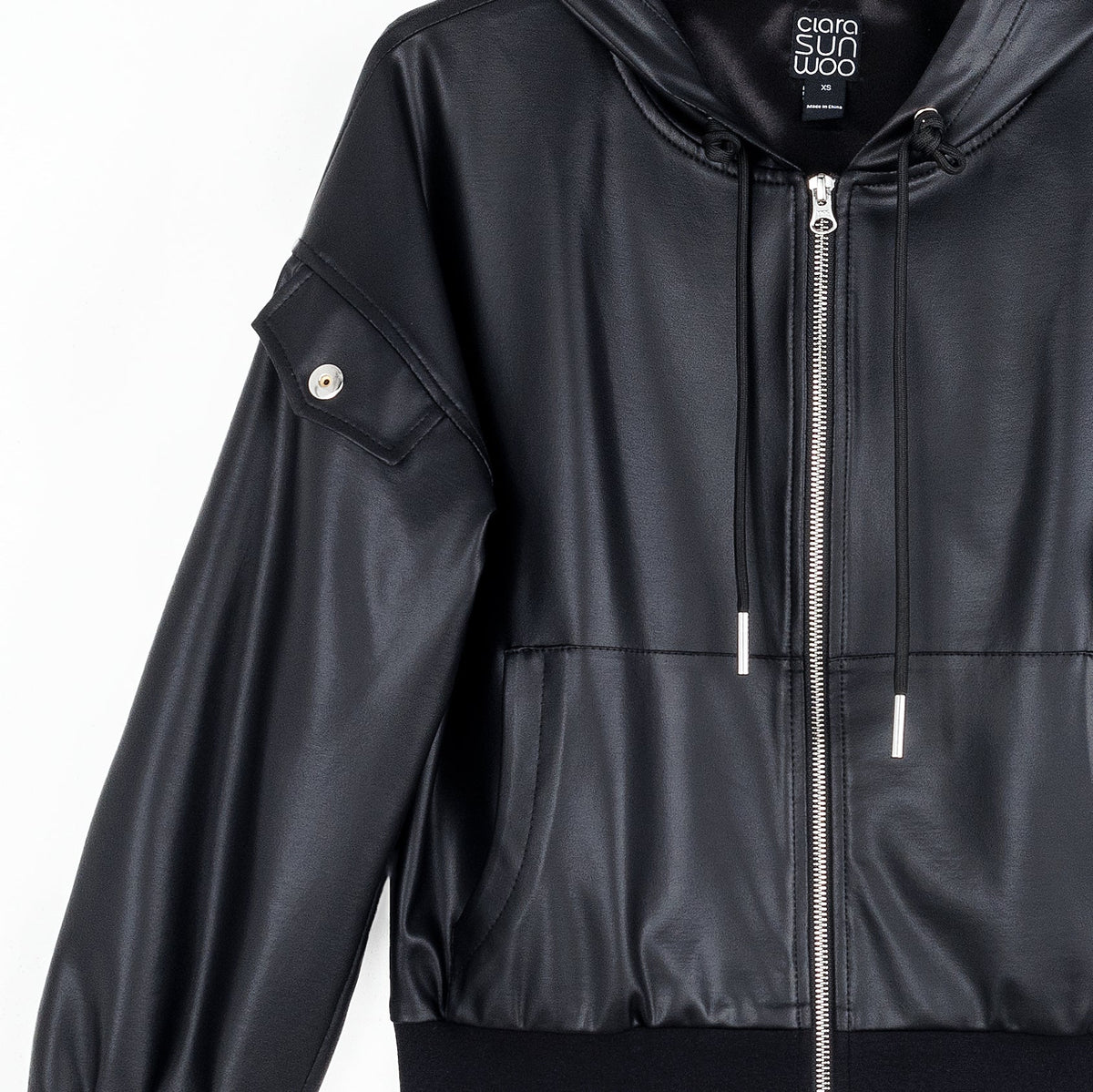 Liquid Leather™ Hooded Drawstring Track Jacket - Black | Clara Sunwoo Signature