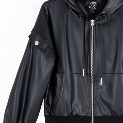 Liquid Leather™ Hooded Drawstring Track Jacket - Black | Clara Sunwoo Signature