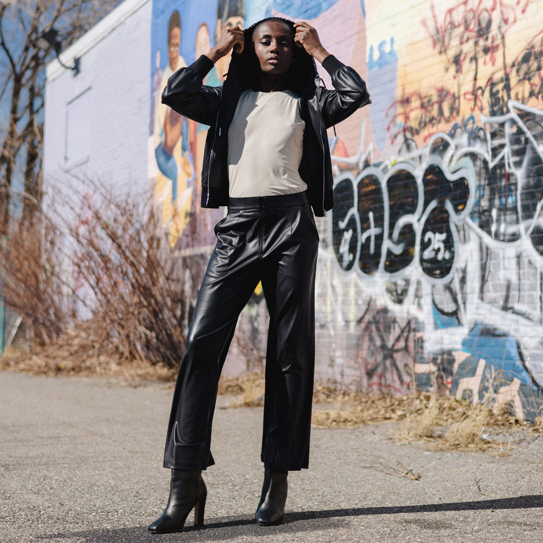 Liquid Leather™ Hooded Drawstring Track Jacket - Black | Clara Sunwoo Signature