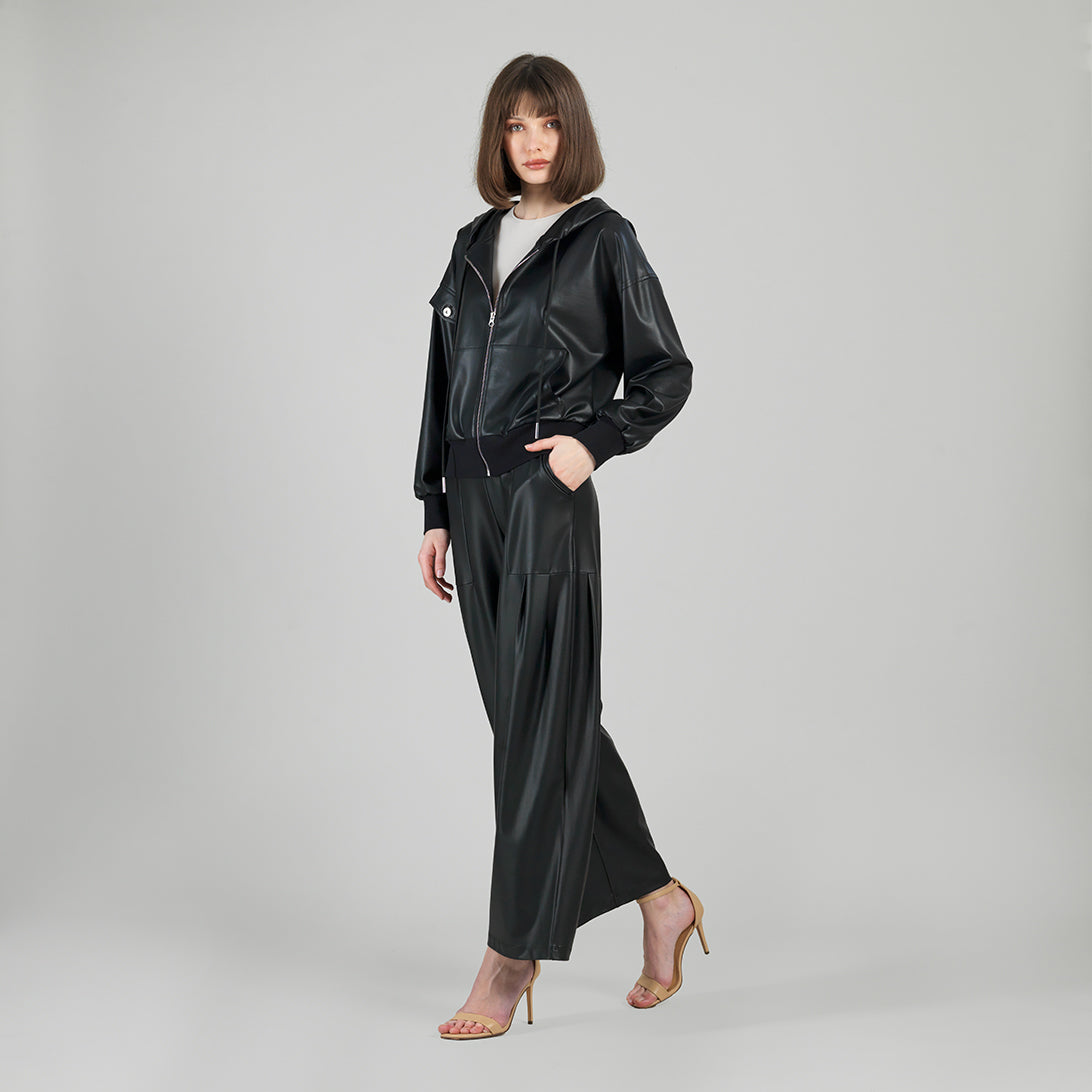 Liquid Leather™ Hooded Drawstring Track Jacket - Black | Clara Sunwoo Signature