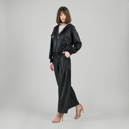 Liquid Leather™ Hooded Drawstring Track Jacket - Black | Clara Sunwoo Signature