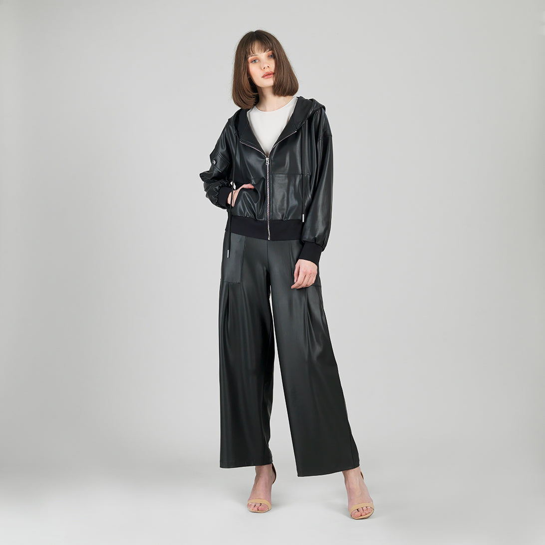 Liquid Leather™ Hooded Drawstring Track Jacket - Black | Clara Sunwoo Signature