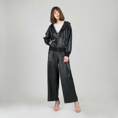 Liquid Leather™ Hooded Drawstring Track Jacket - Black | Clara Sunwoo Signature
